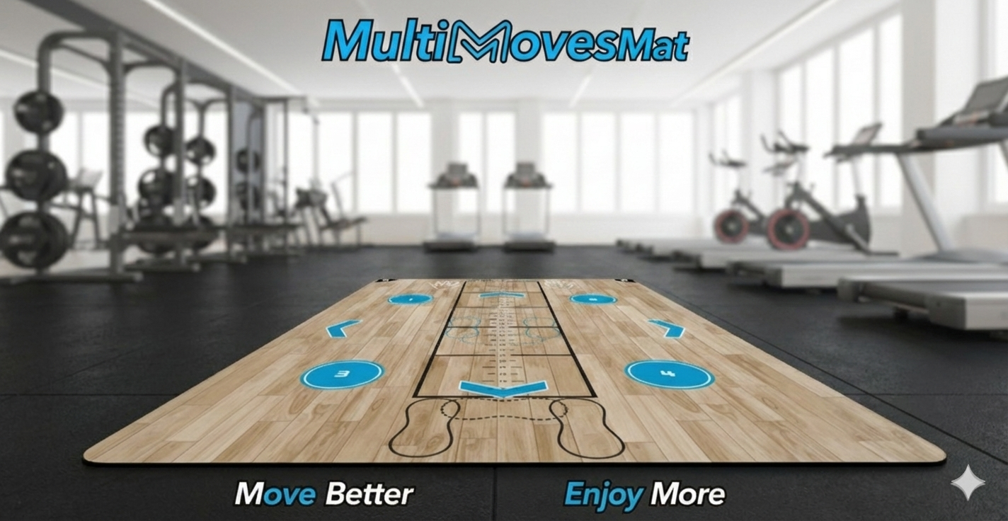 MultiMovesMat colocada en un gimnasio, mostrando el diseño con esquinas, escalera central, círculos numerados y marcas de pie